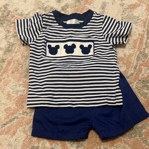 Cecil and Lou Navy & White Striped Mickey Mouse Smocked Set 3T